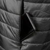 A black puffer vest with a smartphone partially tucked into a zippered pocket. The fabric features a quilted design.