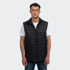 A unisex black puffer vest with a zip front, featuring a hood and side pockets, modelled by a male model.