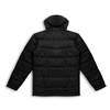 A black puffer jacket with a hood, featuring a quilted design and long sleeves. It has a logo on the back.