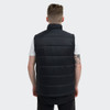 A black puffer vest viewed from the back, featuring a high collar and stitched detailing. It has a logo on the side.