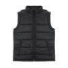 A black women's puffer vest with a front zipper and two side pockets, featuring a logo.