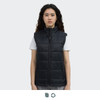 A black women's puffer vest with a zip front and no sleeves, featuring a logo on the upper side.