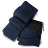 A navy ribbed scarf and beanie set, packaged with a black drawstring bag.