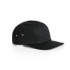 A black five-panel cap featuring a curved brim and side ventilation eyelets, with a logo on the front.