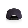 A navy five panel cap with a rear adjustable strap and a logo on the back. 