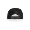 A black trucker cap featuring a mesh back and an adjustable strap. The cap has a logo on the back.