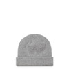 A knitted beanie in light grey with a folded cuff, featuring a logo.