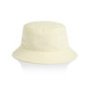 A yellow bucket hat with a wide brim and a simple, unembellished design. It features a logo on the side.