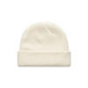 A cream beanie with a ribbed texture and a folded cuff, featuring a logo on the side.