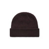 A brown knitted beanie with a turned-up cuff and a logo on the side.