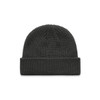A textured black beanie with a folded cuff, featuring a logo. Ideal for headwear collection.