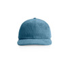 A blue corduroy cap with a rounded crown and a curved brim, featuring a logo on the front.