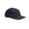 A navy cord cap with a rounded crown and a curved brim, featuring a logo on the side.
