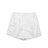 White boxer shorts featuring an elastic waistband and a loose fit, displayed flat against a plain background.