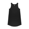 A black sleeveless dress with a round neckline and a slightly curved hem. Features a branding logo.