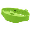 A green wristband hand sanitiser dispenser with a simple clasp design and small nozzle for dispensing sanitiser.