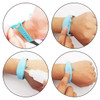 A blue wristband hand sanitiser dispenser, featuring a nozzle for dispensing sanitiser and adjustable strap for wear.