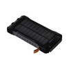 A solar power bank in black with a rugged design, featuring charging indicators and a branding label.