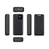 A black power bank featuring multiple angles, a digital display, and a logo. Capacity is 20,000 mAh.