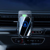 A fast wireless car charger in black, mounted on a car dashboard, holding a smartphone. Features a logo on the charger.