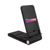 A black 3-in-1 wireless charger stand with a logo and a foldable design for convenient storage.