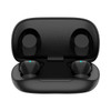 A pair of black wireless earbuds placed inside a charging case, featuring a sleek design and glowing indicators.
