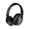 A pair of black Bluetooth headphones with a sleek design and padded ear cups, featuring a logo on the side.