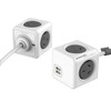 A white Power Cube Extended Duo USB with two power sockets and two USB ports, featuring a cable for connection.