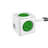 A white Power Cube with two green power sockets and dual USB ports. Includes a connected power cable and branding.