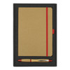 A gift set featuring a brown journal with red accents and a bamboo pen, presented in a black box.
