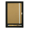 A gift set featuring a brown journal with a white band and a bamboo pen, all presented in a black box.