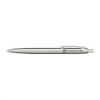 A recycled stainless steel pen in silver with a logo on the barrel.
