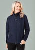 A navy women's soft shell jacket with a zip front and side pockets, featuring a sleek design and a logo.