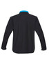 A black soft shell jacket with a blue collar, featuring long sleeves and a logo.