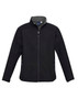 A black soft shell jacket with a zip front, side pockets, and a collar. It features branding on the inside label.