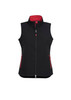 A black women's vest with a red inner lining and zippered pockets, featuring a front zip and a sporty design.
