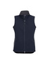 A navy women's vest with a zip front, featuring a high collar and side pockets. It has a logo on it.