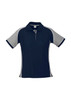 A navy blue women's polo shirt with short sleeves, featuring grey accents and a logo.
