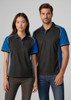 A black and blue women's short sleeve polo shirt with contrasting white accents and a logo.