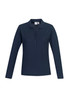 A navy long sleeve polo shirt for women featuring a button-up front and a collar. It has a logo on the chest.