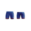 A pair of blue sports shorts featuring a contrasting red trim and a logo on one side.