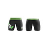 Black sports shorts with a green waistband, featuring a logo on one side. Designed for soccer or touch football.