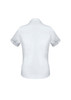 A white short sleeve button-up shirt with a fitted design and rolled sleeves, featuring a logo.