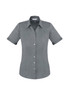 A grey short sleeve button-up shirt with a fitted design and a collar. Features rolled-up sleeves and buttons down the front.