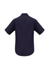 A plain navy blue short sleeve button-up shirt with a classic collar and a simple design.