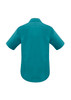 A plain teal men's short sleeve button-up shirt with a back yoke and a collar. It features a logo.