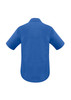 A plain blue short sleeve button-up shirt featuring a collar and a logo on the back.