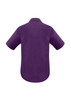 A short sleeve button-up shirt in a solid purple colour featuring a back yoke and collar. Includes a logo.