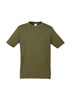 A short sleeve tee in olive green, featuring a round neckline and a simple design with a logo.
