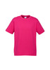 A pink short sleeve tee shirt featuring a standard crew neck and a logo. Perfect for casual wear.